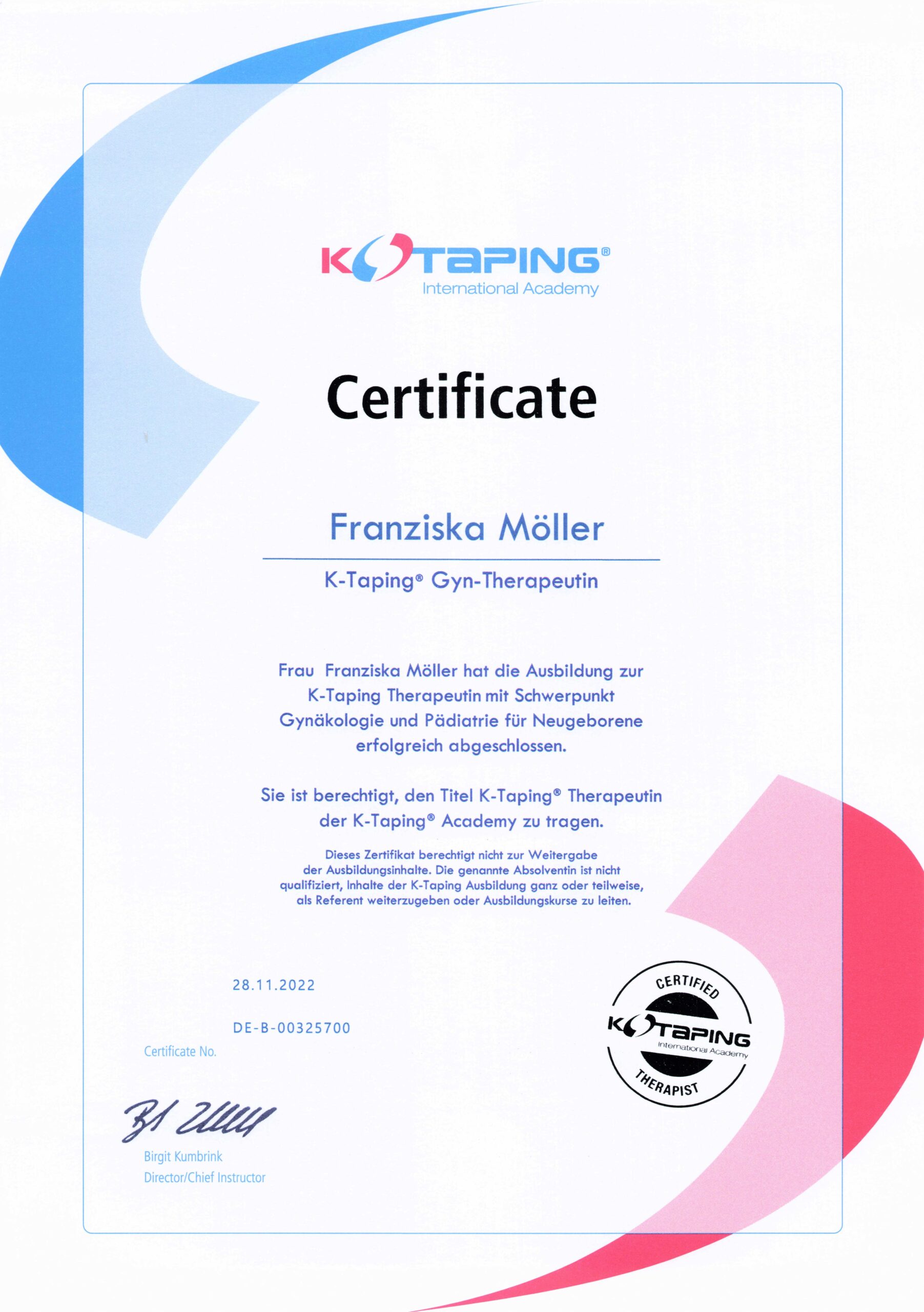 Zertifikat K-Taping Therapie Dr. Möller