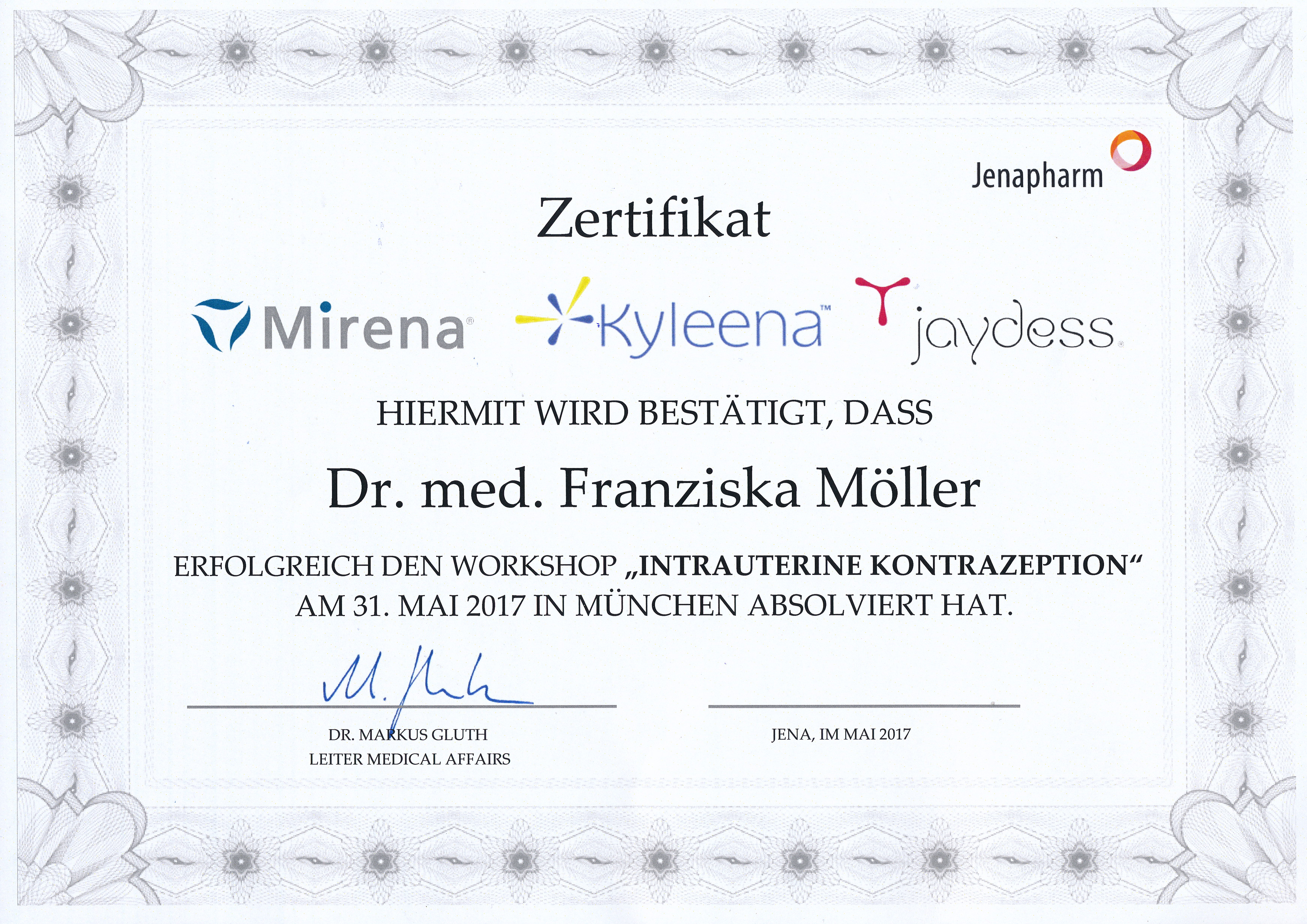 Zertifikat Qualifizierung Weiterbildung Mirena Kyleena jaydess